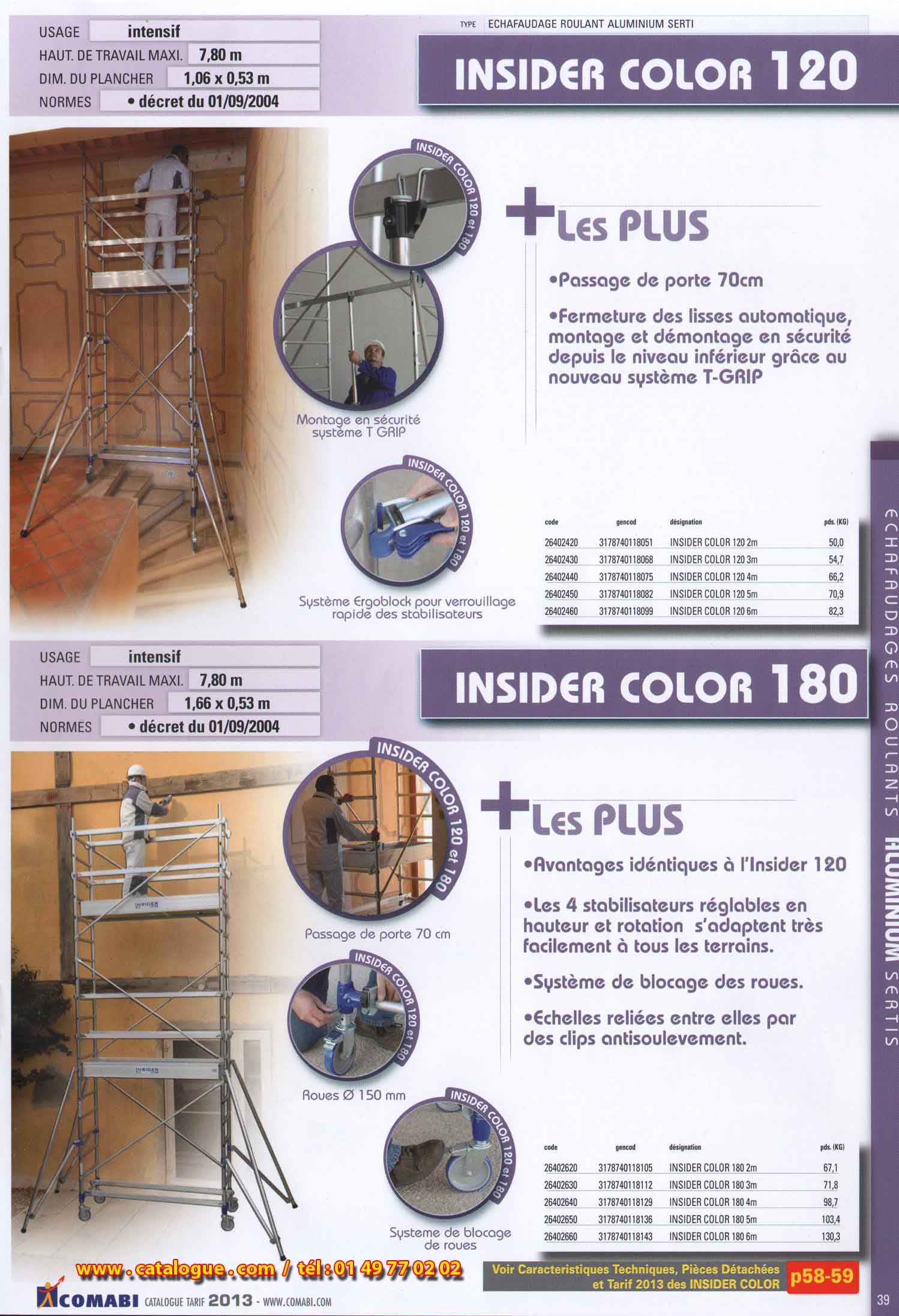 Insider color 120 et 180, ont une base monobloc dépliable pour une mise en place ultra rapide, avec un encombrement minimum une fois repliés pour une manutention et un rangement aisés, fixation des diagonale en un seul geste par quart de tour indexé, évolutivité par kit décret vers un usage professionnel jusqu à 6,80m de travail.